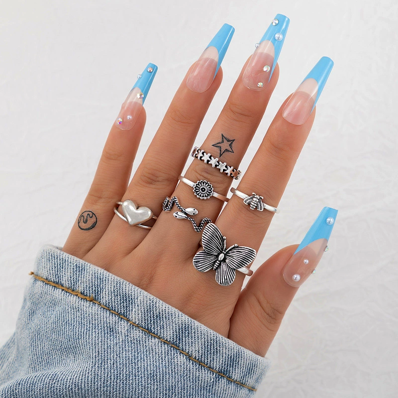 Ring Set, Retro Ethnic Style, 7-Piece European-Inspired Silver-Tone Stackable Rings