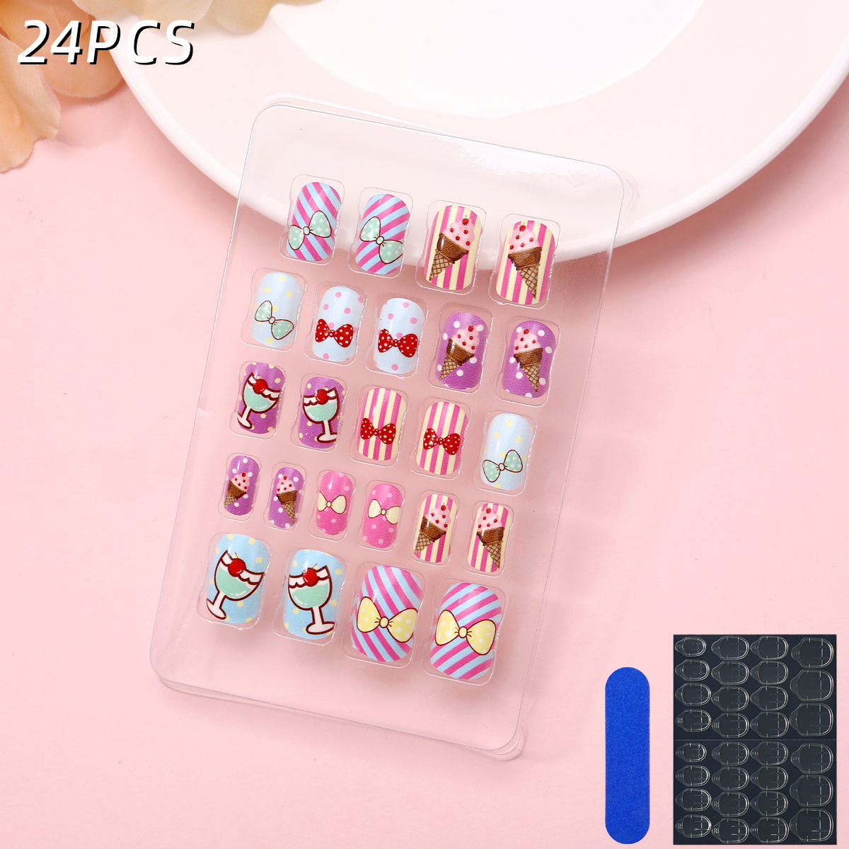 Juego de 24 piezas de uñas postizas para niños con diseño de dibujos animados, desmontables con adhesivo y exquisito diseño.