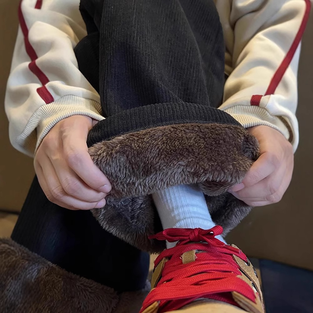 灯芯绒超厚羊羔绒裤子男加绒加厚黑色保暖冬季青少年一体绒阔腿裤