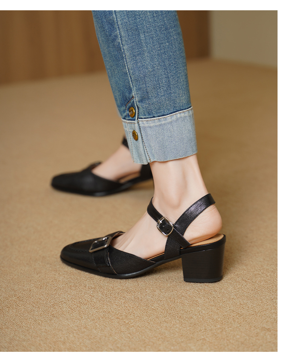 Sandal cao gót nữ hở mũi quai ngang khóa cài, gót 5 cm — đen chi tiết 9