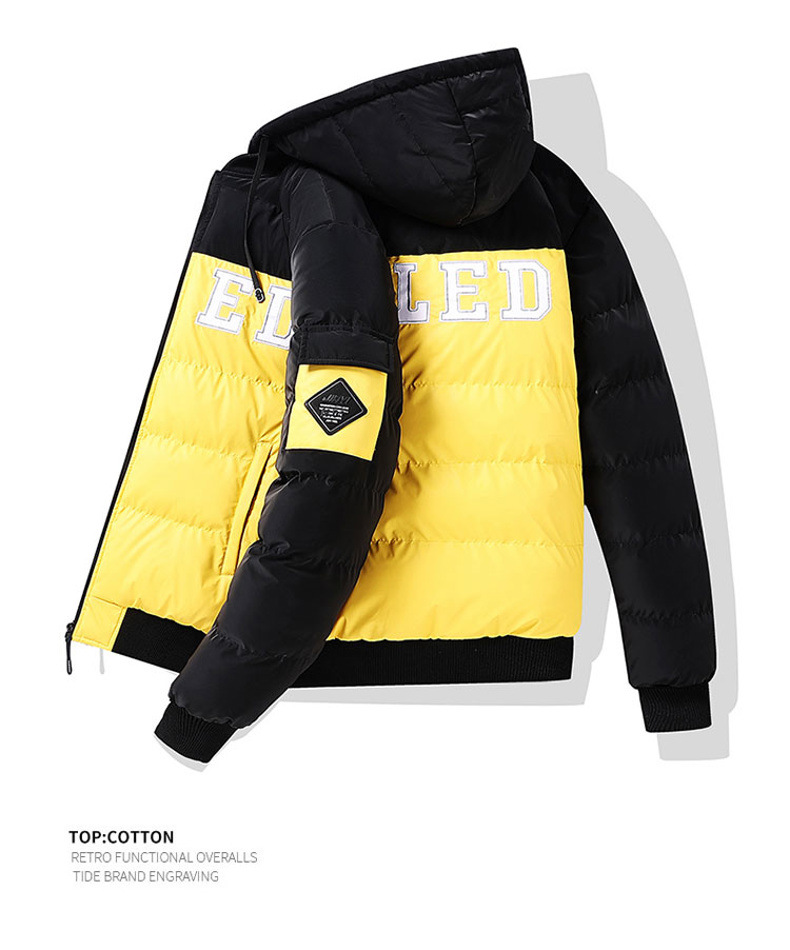 Wattierte Herrenjacke mit Stickerei, Daunenfüllung, dicker Baumwolle, kontrastfarbenem Futter, lockerer, abnehmbarer Mütze und doppelseitiger Kapuze_voghion.com