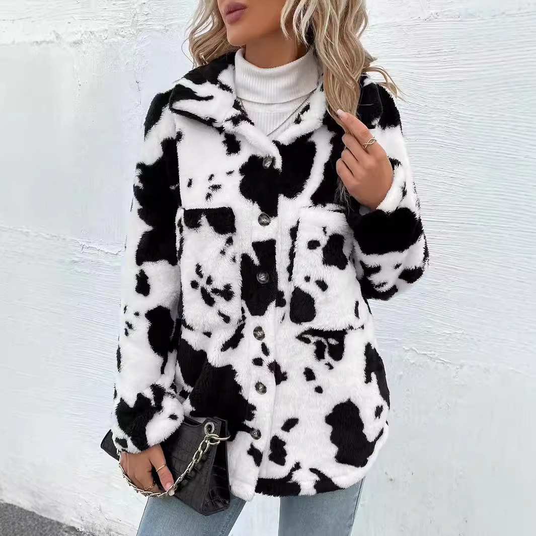 Women's Clothing hot selling double sided plush cow pattern pocket top coat hot_voghion.com