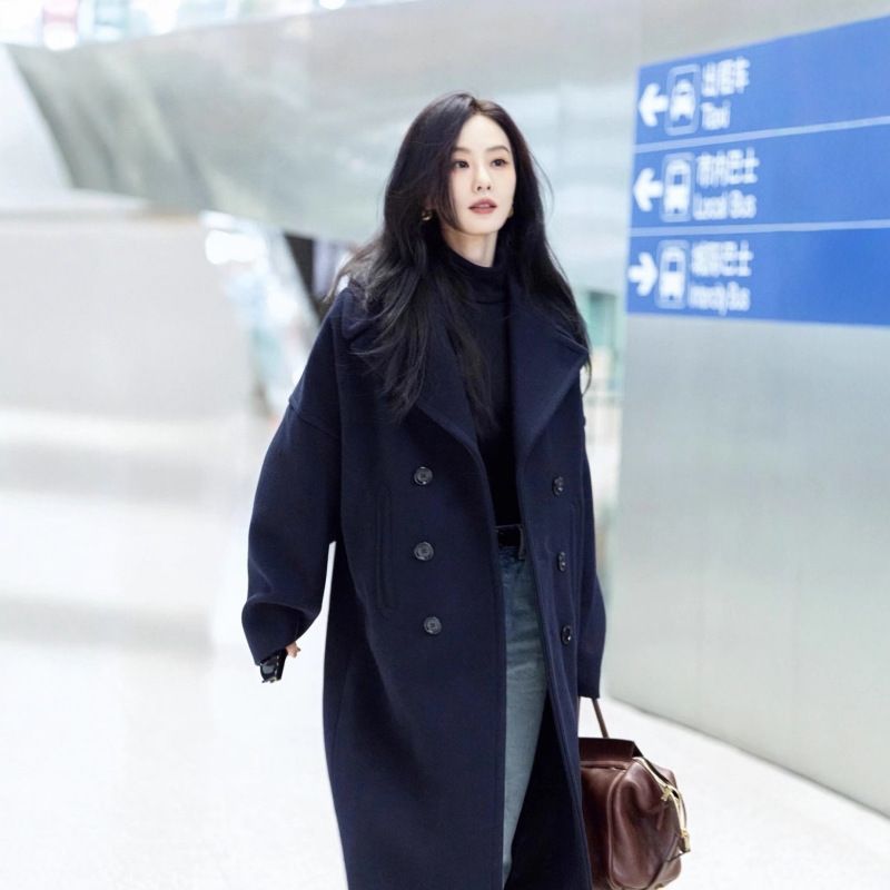 2025 Autumn and Winter New Wool Cashmere Navy Blue Outwear Classy Elegant Woolen Outwear Jacket for Women