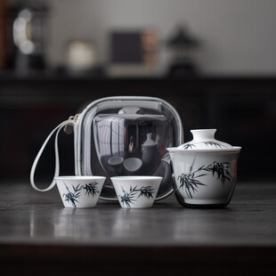 Hand painted Mozhu portable travel tea set suit white porcelain ceramic with glass Express Cup outdoor one Cover bowl two cups
