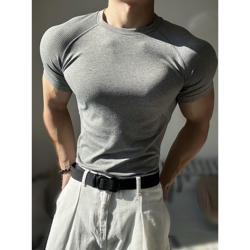 サマースポーツシームレスジャカード袖口半袖無地速乾トレーニングフィットネスストレッチスリムトップTシャツ男性用|undefined