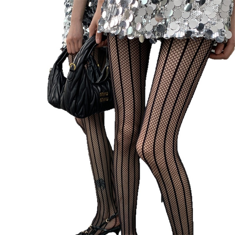 Striped Fishnet Stockings For Women, Thin Sexy Black Pantyhose_voghion.com