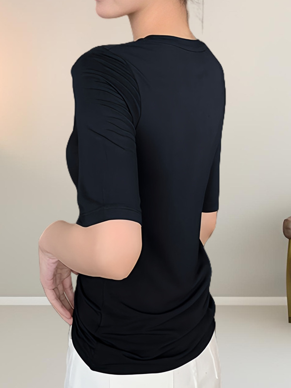 ブラックモーダルミッドスリーブTシャツレディース半袖春夏薄手ローネックスリムフィット五分袖ボトムインナートップ|undefined