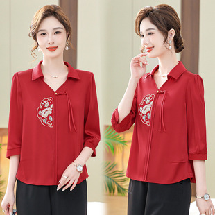 National Style Short-Sleeved T-Shirt for Women 2024 Summer New Middle-Aged and Elderly Mother's Wear Lapel Mid-Sleeve Shirt for Women Wholesale