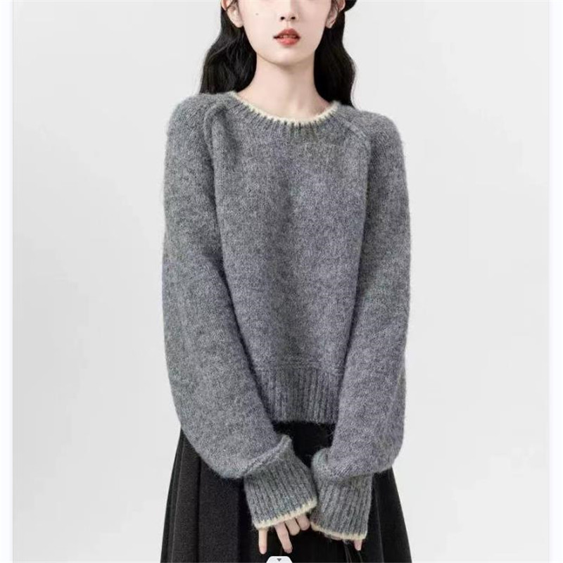 短款灰色毛衣女秋冬2025新款慵懒风加厚圆领内搭针织衫小个子上衣|undefined