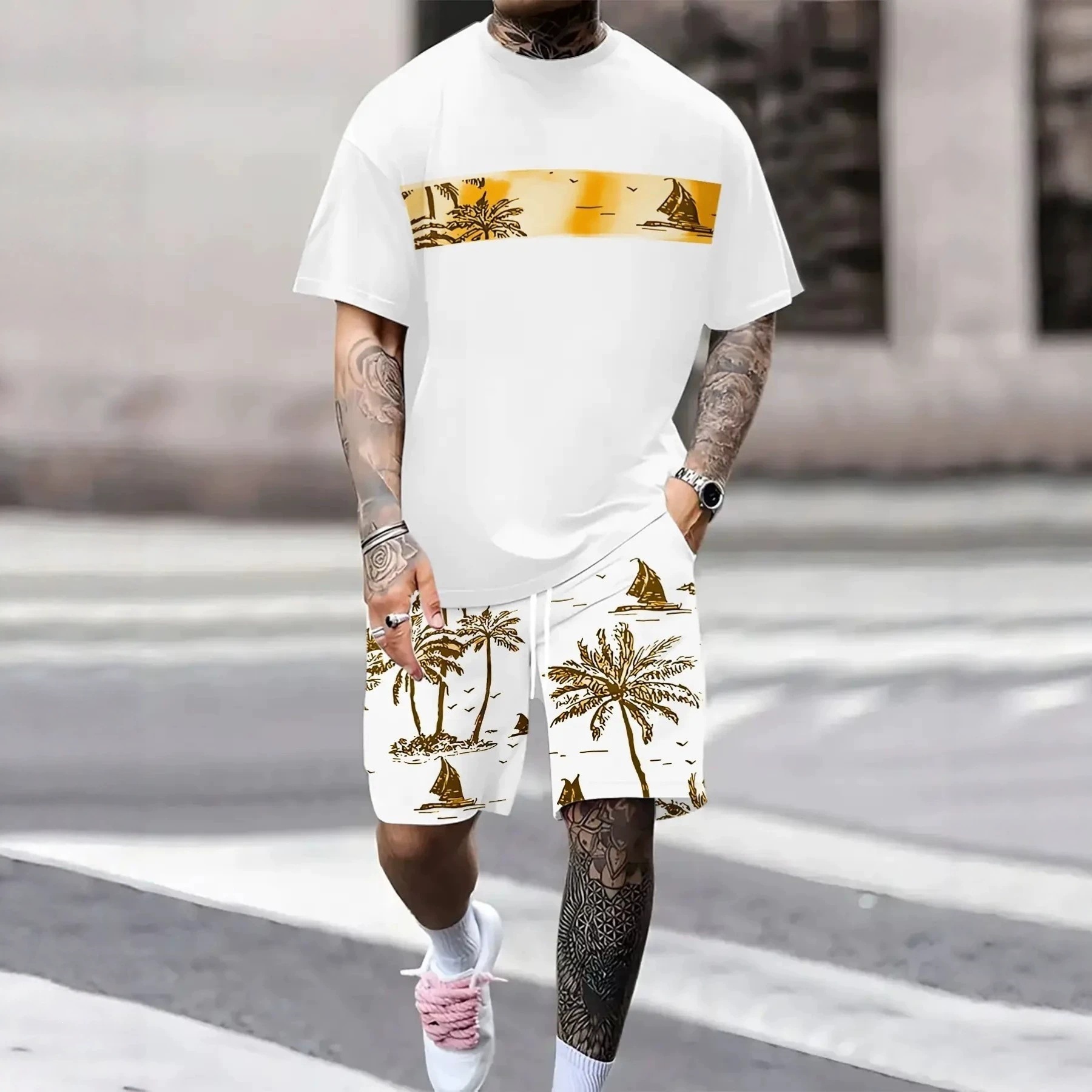Summer 3D Sailboat Print Men's Suit Casual Loose Fit Versatile Comfortable Everyday Wear_viptrois.com