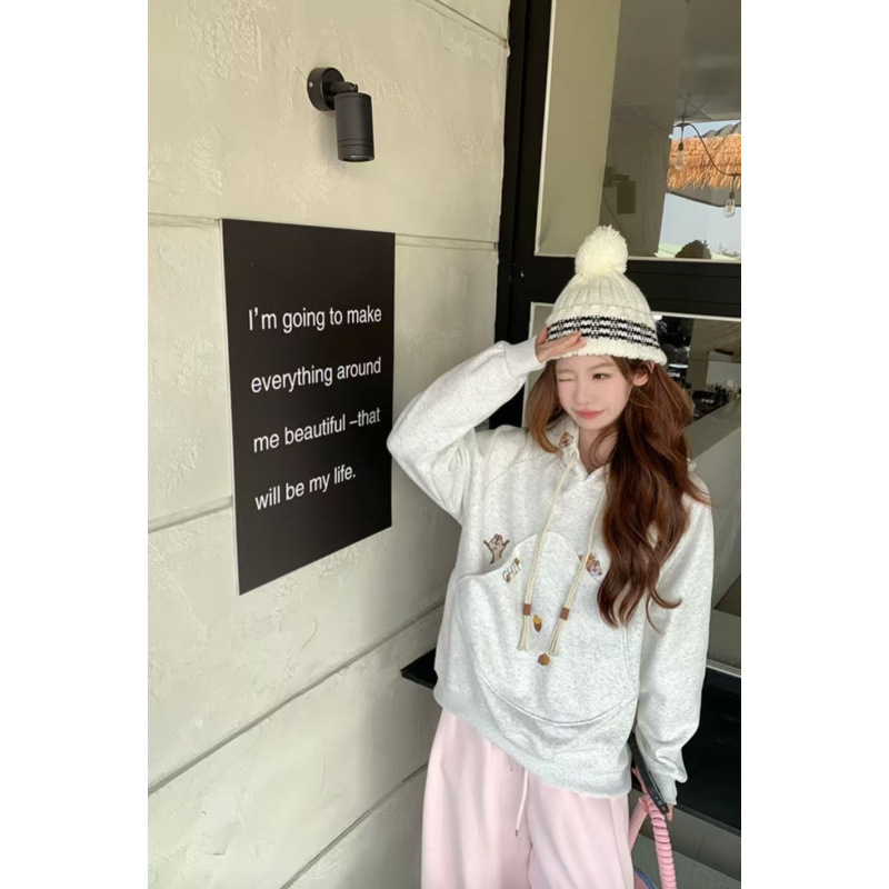 韩版卡通刺绣连帽卫衣女春秋冬加绒加厚宽松慵懒风高级感灰色外套|undefined