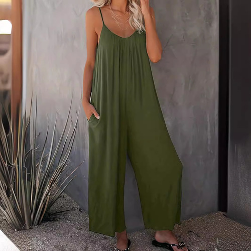 Plus-size women's fashion casual stylish pure color spaghetti strap jumpsuit