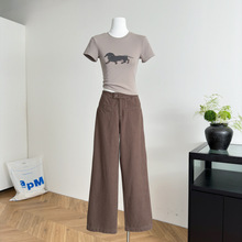 洗水做旧咖色弹力休闲裤夏季复古百搭显瘦直筒长裤女