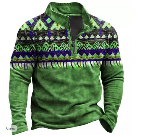 Polo de manga larga con media cremallera, estilo étnico, estampado en 3D, estilo europeo y americano, para venta transfronteriza
