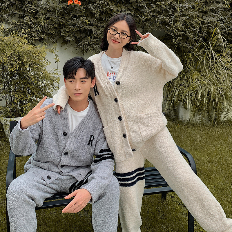 하프 벨벳 커플 느슨한 잠옷 여성 기모 두꺼운 대비 카디건 고급 편안한 봉제 홈 의류