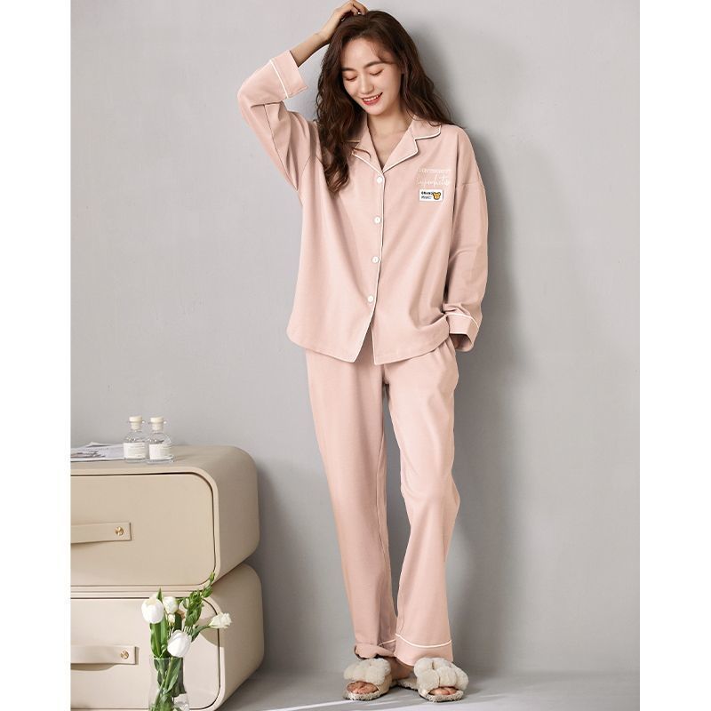 100% pijamas Pantalones de algodón de manga larga de primavera y otoño de las mujeres 2024 nuevo traje de ropa de abrigo suelta simple