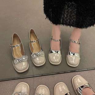 Fashionable Silver Thick Heel One-Strap High Heels for Women 2025 Summer New Style with Skirt Mary Jane Small Leather Shoes