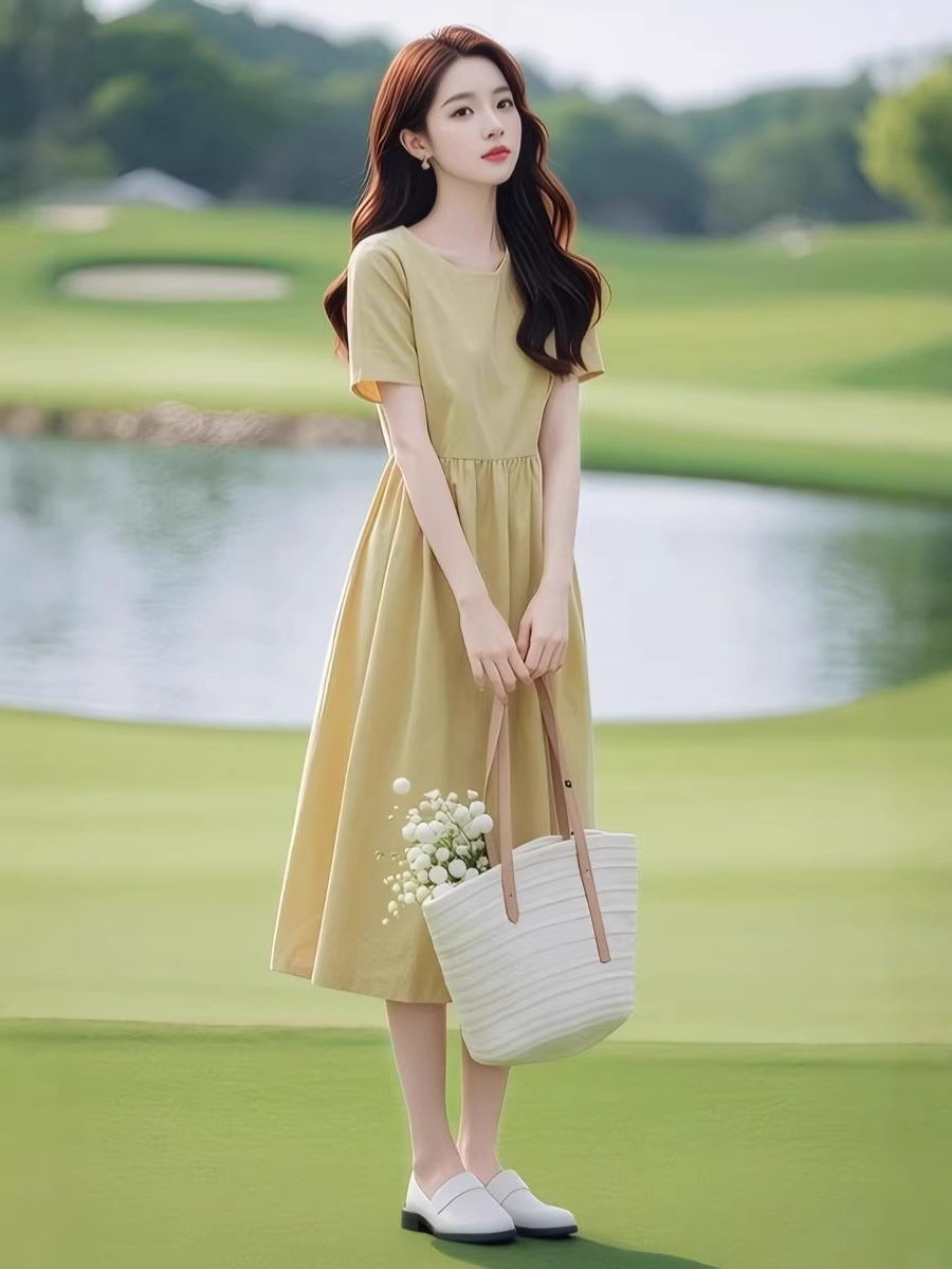 Váy chữ A ngắn tay thắt eo công sở dáng suông — Xanh lá cây nhạtcolor