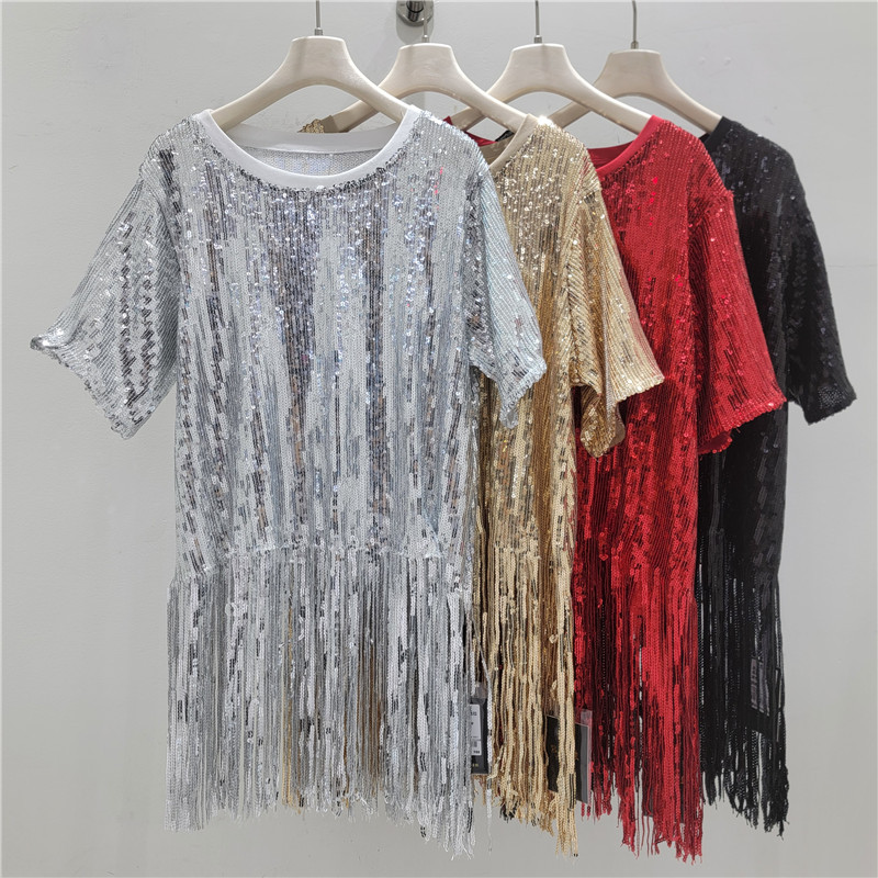 Sequinilla negra camiseta de cuello redondo de manga corta para mujeres verano 2026 nuevo estilo extranjero sexy versátil chaqueta de estilo callejero frita de moda image 1
