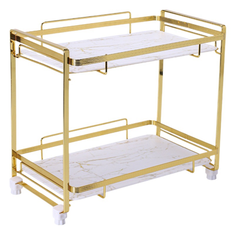 Oro de doble capa de hierro aseo organizador rack de baño aseo rack de almacenamiento de cosméticos de escritorio rack de almacenamiento desmontaje