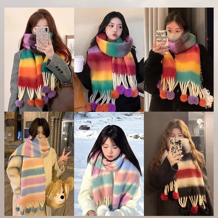 Dopaminfarben gestreifter handgemachter Wollknäuel warm für Frauen im Winter, neue koreanische Version verdicktes kältebeständiges Paar_voghion.com