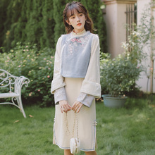 中式女装蓝色刺绣马甲背心改良旗袍连衣裙两件套小个子套装中国风