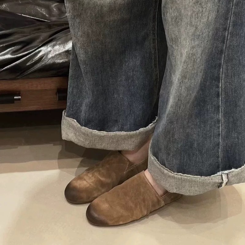羊皮版~复古小众磨砂擦色圆头深口平底一脚蹬乐福鞋女秋冬季单鞋|undefined