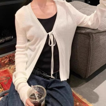秋季空调防晒罩衫上衣坑条外搭小披肩白色薄款领系带针织开衫女