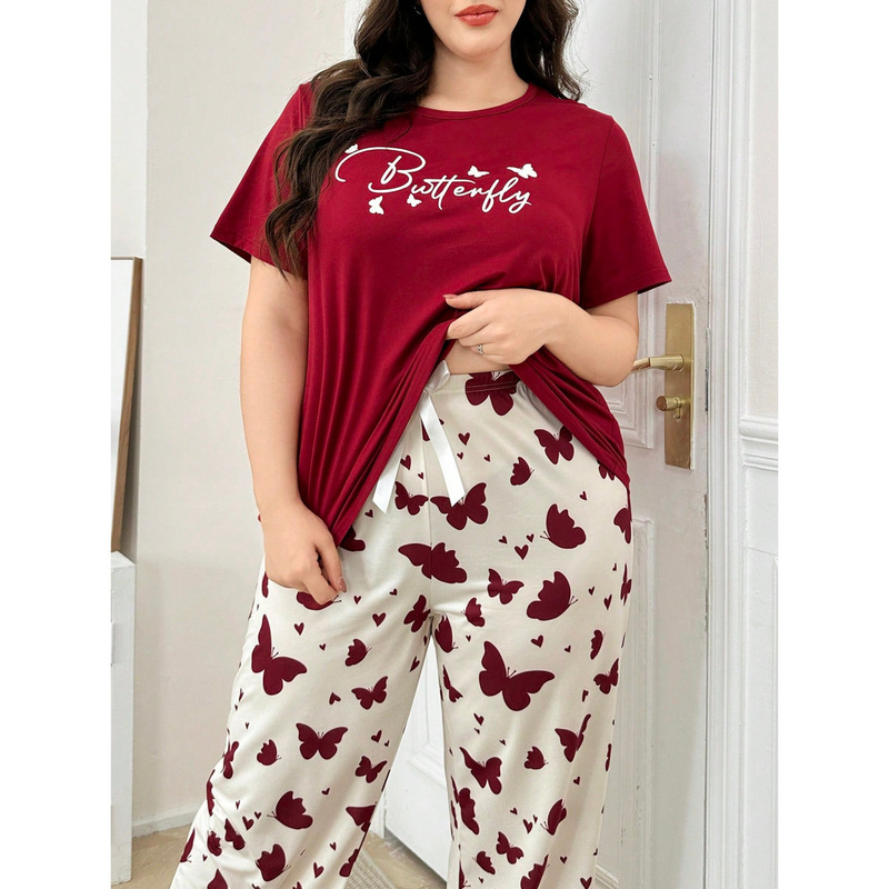 European and American Style Plus Size Loungewear Oversized Heart Round Neck Short Sleeve Long Pants Pajamas Home Wear Can Be Worn Outside
