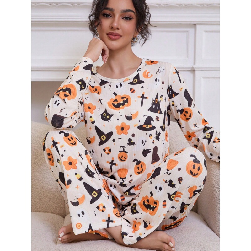 New Cross-Border European and American Export Pajamas for Women Halloween Cartoon Print Long-Sleeved Pants Two-Piece Suit Home Clothes