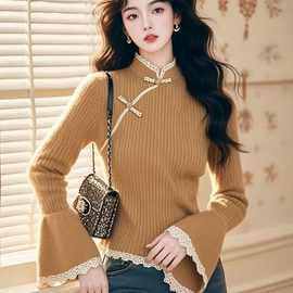 新中式女装国风黄色针织衫冬季独特别致复古盘扣喇叭袖打底上衣