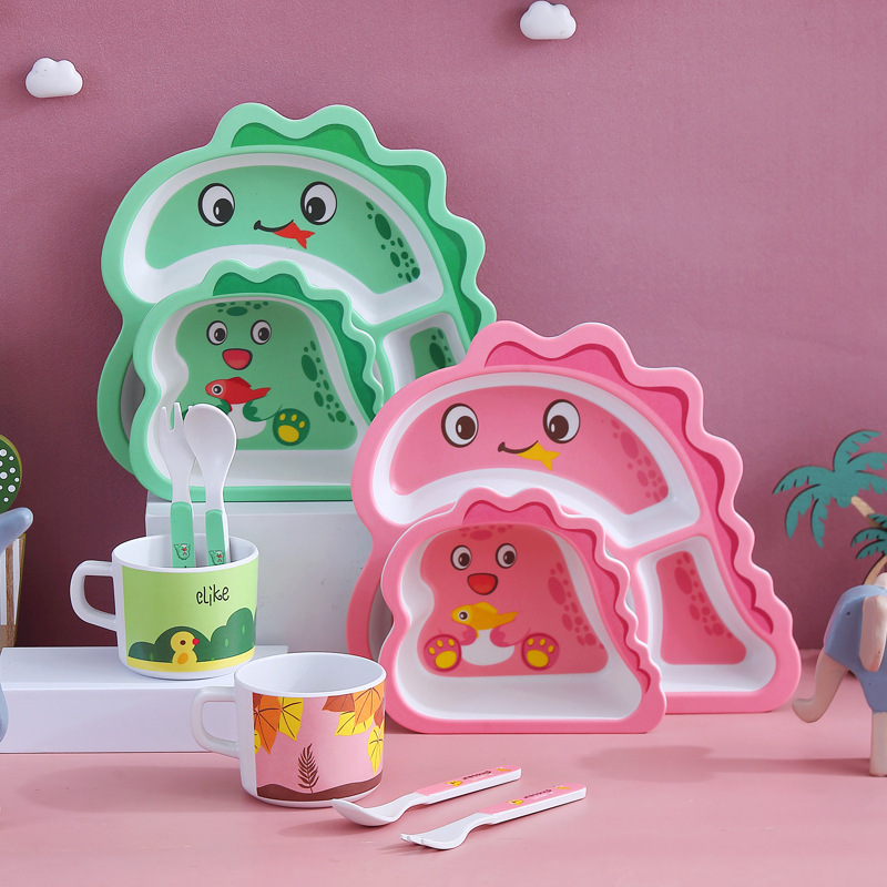 Bamboo fiber children's food supplement bowl cute pink dinosaur cartoon drop-resistant baby eating bowl compartment plate suit