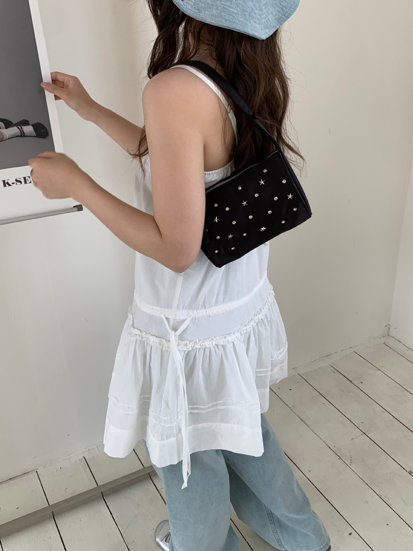 Rhinestone Star Embellished Silk Zip Shoulder Bag 24