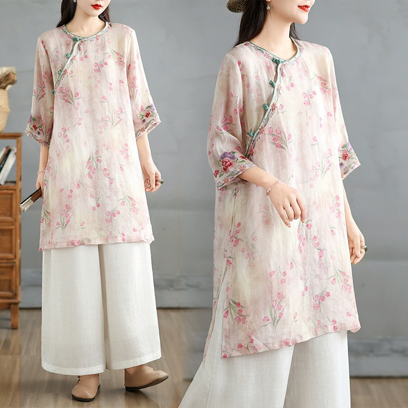 Лето 2025, новый ретро, ​​новый китайский стиль, национальный стиль, улучшенный свободный повседневный литературный топ с косым воротником и круглым вырезом, вышитый топ