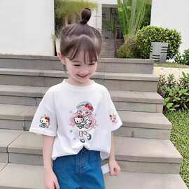 2026新款中小童夏季纯棉休闲女童短袖T恤印花上衣卡通可爱打底衫