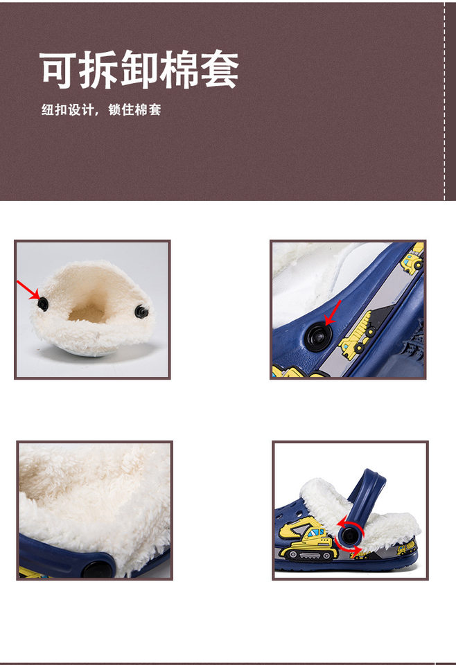 Giày clog trẻ em lót lông tháo rời họa tiết hoạt hình — —6 màu hồng, —6 màu đen, —6 xanh dương chi tiết 8