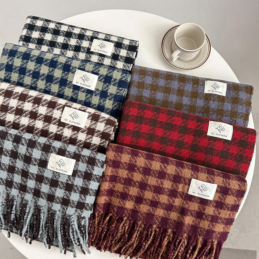 秋冬新款小方格千鸟格围脖女韩版百搭加厚披肩仿羊绒简约格子围巾