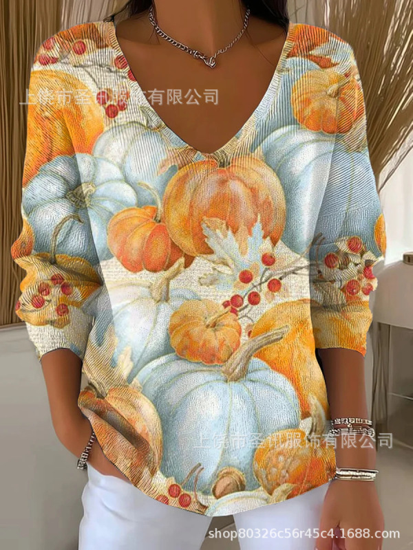 欧美跨境独立站新款3D印花女士时尚渐变色V领长袖T恤上衣|undefined