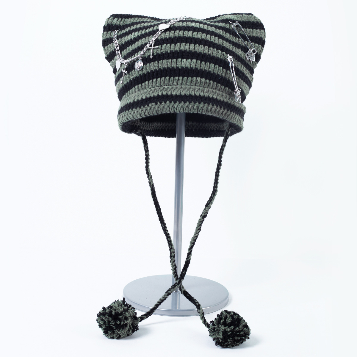 Süße kleine Teufel gestreifte gestrickte Wollmütze weibliche Herbst und Winter coole trendige Katzenohren süße Pullover kalte Mütze_voghion.com