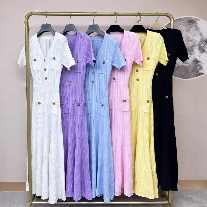 Summer New Style V-Neck Elegant Slim-Fit S-Style Braided Short-Sleeve Women's Waist-Cinching Padded Shoulder Dress Long Skirt