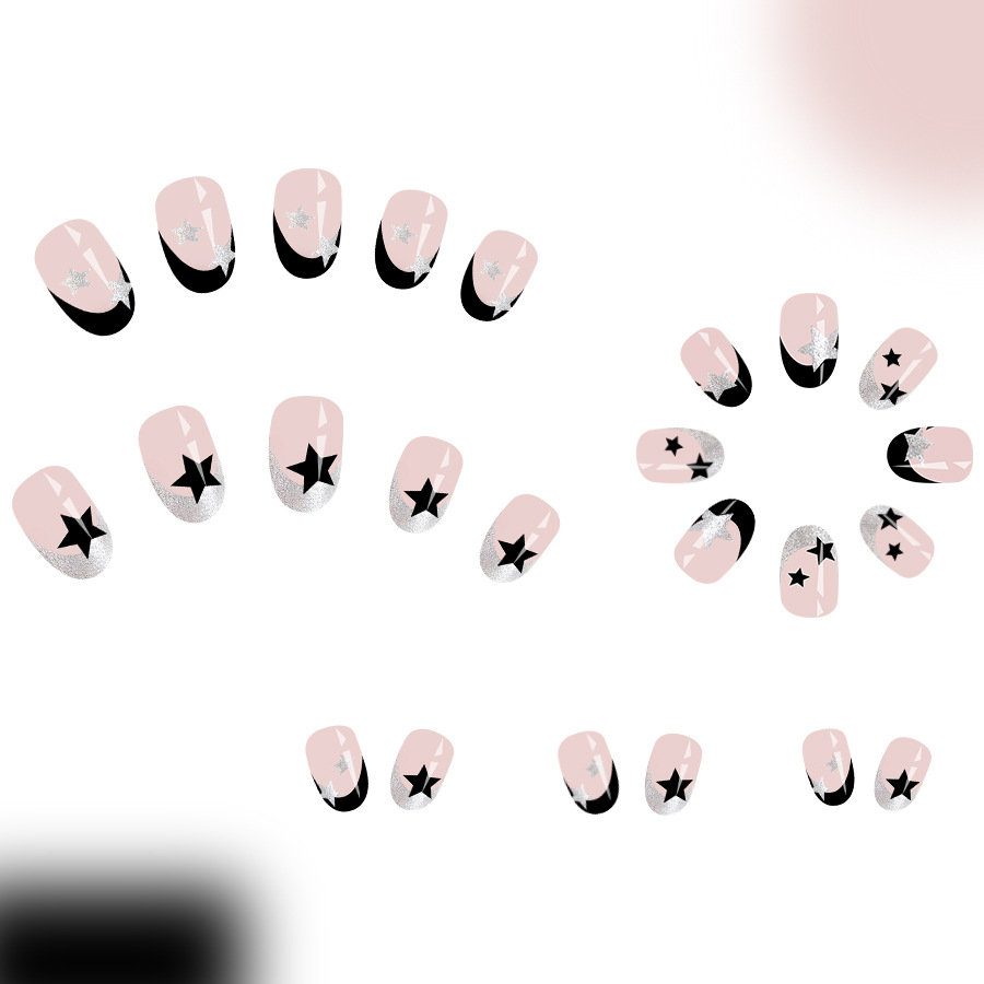 Short oval bright face Europe and the United States cross-border foreign trade French simple glitter black five-pointed star removable nail art 24 pie_voghion.com