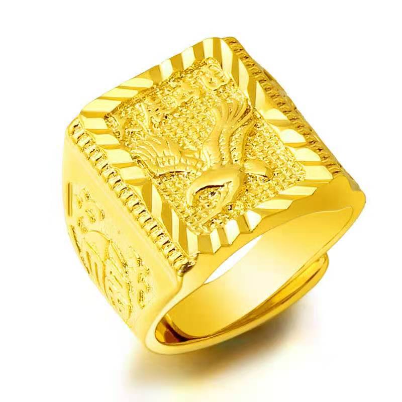 Men's Simulation 3D Hard Gold 24K Gold Wide Square Ring Men's Ring Solid Boss Aggressive Men's Open Ring
