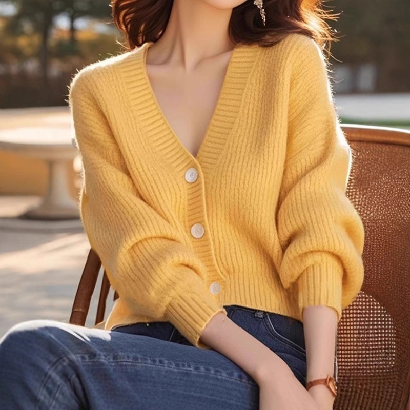 Super Nice Yellow Knitted Cardigan for Women 2025 Autumn and Winter New Style Gentle Style Korean V Neck Loose Long-Sleeved Jacket
