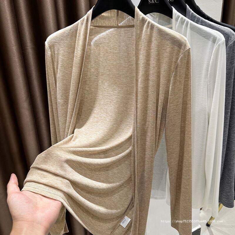 Plus-Size Long-Sleeve Sun Protection Shawl for Women, Spring and Summer Thin Ice Silk Outerwear, Knitted Cardigan, Air Conditioning Cover-Up
