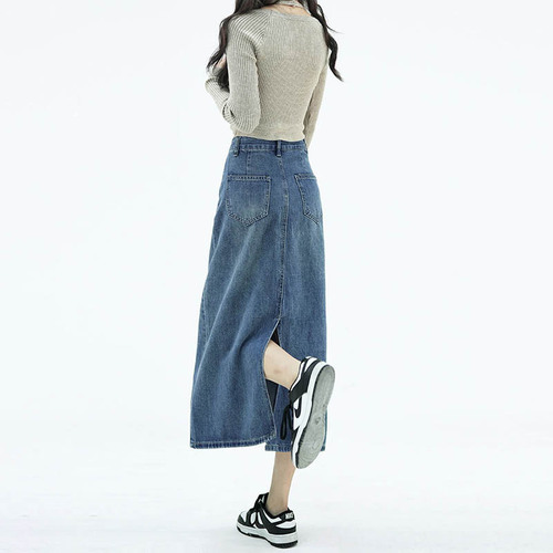 Slit half-length denim skirt for women ins summer new design leather brand high-waisted retro a-line casual hip-covering mid-length skirt