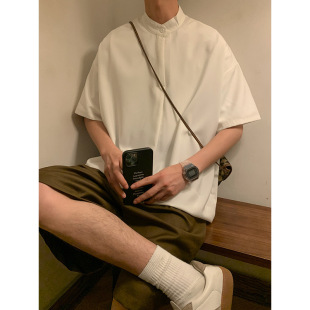 Ice Silk Style Polo Shirt Men's White Chinese Style Vertical Collar Short-sleeved Trendy Brand Loose Casual Shirt Half-sleeved T-shirt