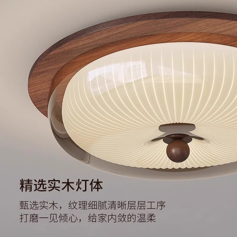 Lámpara de techo de dormitorio de estilo antiguo francés, color nogal retro, vidrio de madera maciza, LED circular, luz de protección ocular de espectro completo