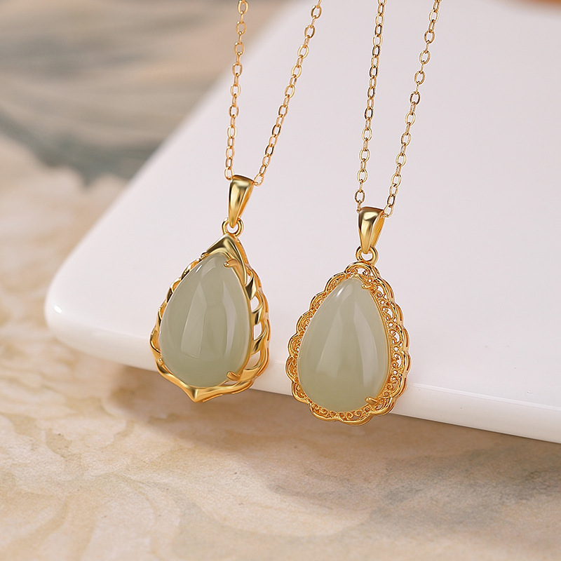 Mặt dây chuyền bạc S925 mạ vàng đính ngọc Hotan hình giọt nước phong cách thanh lịch — Kiểu 2 (không bao gồm chuỗi)