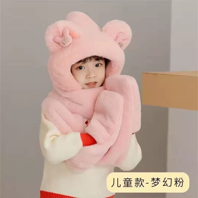 毛绒帽子围巾一体女冬围脖小熊可爱秋冬季洋气百搭时尚保暖护耳帽|undefined