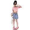 Summer clothing, set, children's short sleeve T-shirt, denim skirt, 2023 collection, suitable for teen, children's clothing